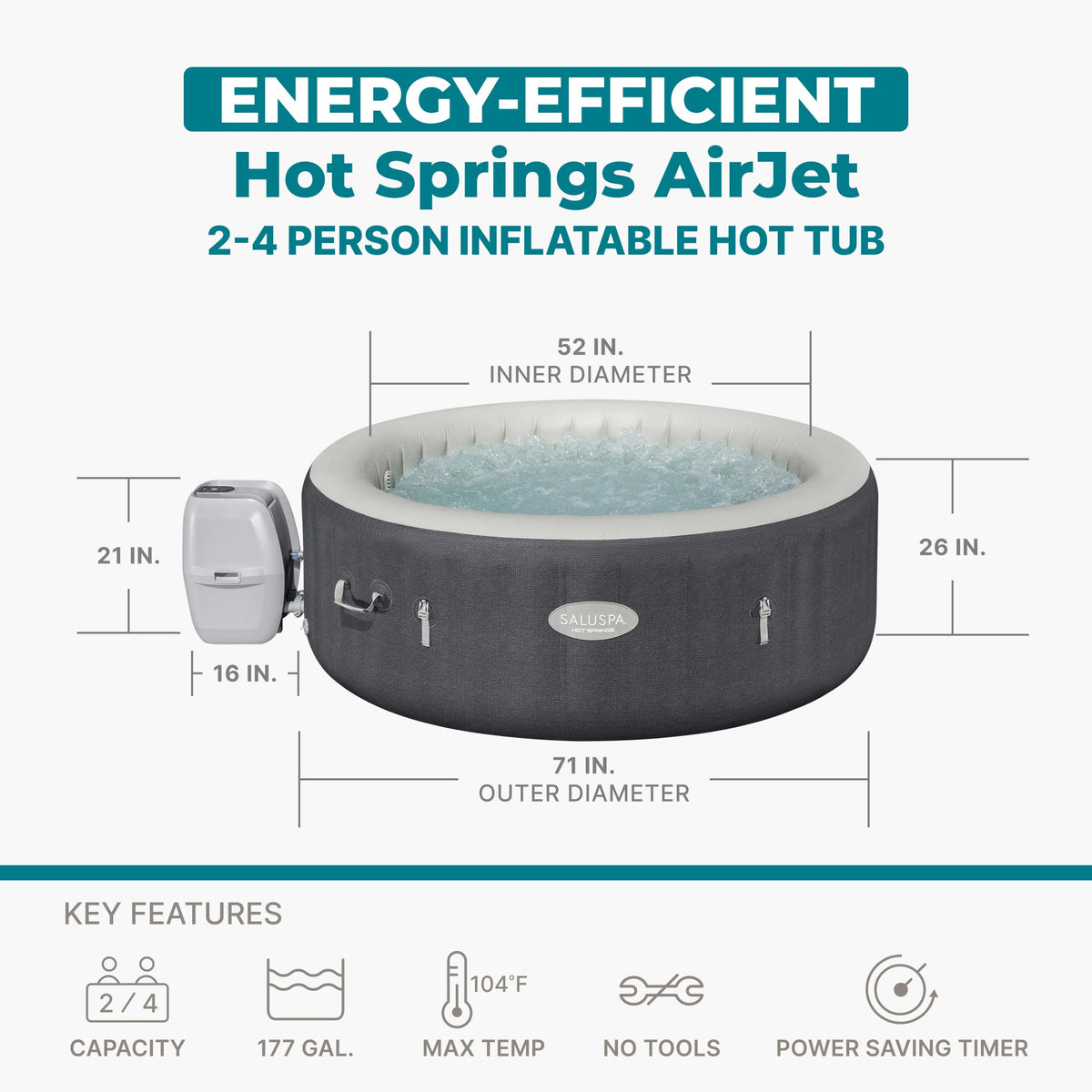 SaluSpa Hot Springs Energy-Efficient AirJet 2-4 Person Inflatable Hot | Bestway