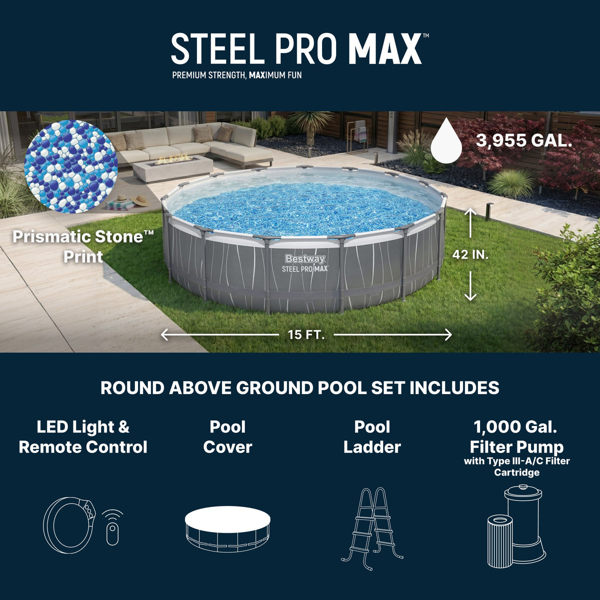 Bestway Steel Pro MAX 15' x 42" Round Above Ground Pool Set with LED L | Bestway