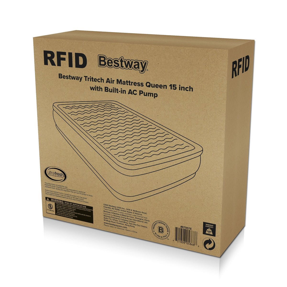 Bestway Tritech Air Mattress Queen 15" with Built-in AC Pump Included | Bestway