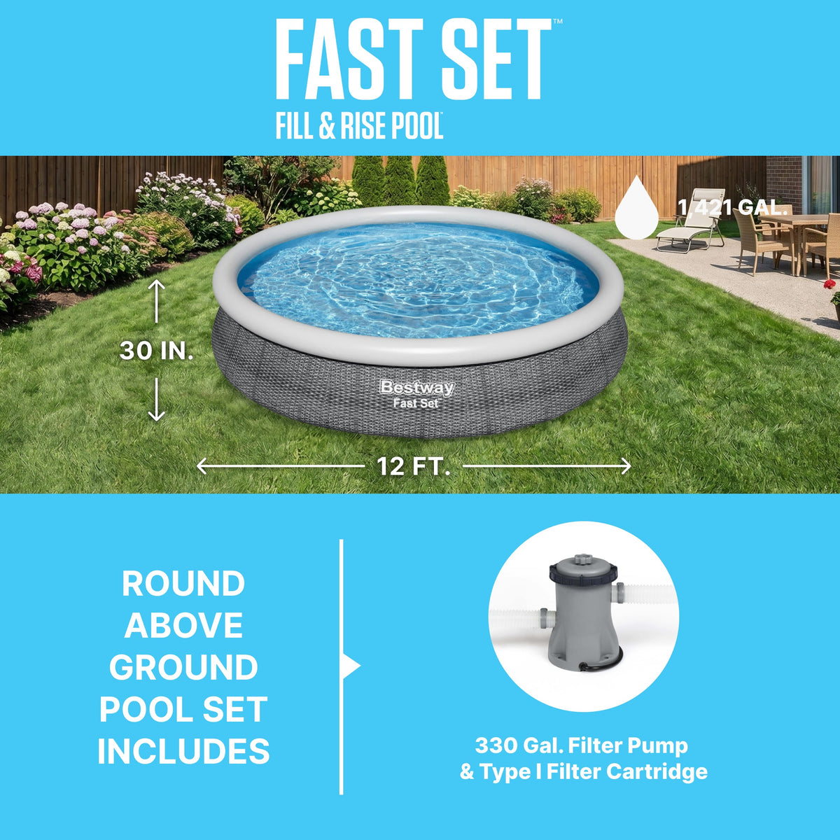 Bestway Fast Set 12’ x 30” Inflatable Round Soft Sided Above Ground Po | Bestway